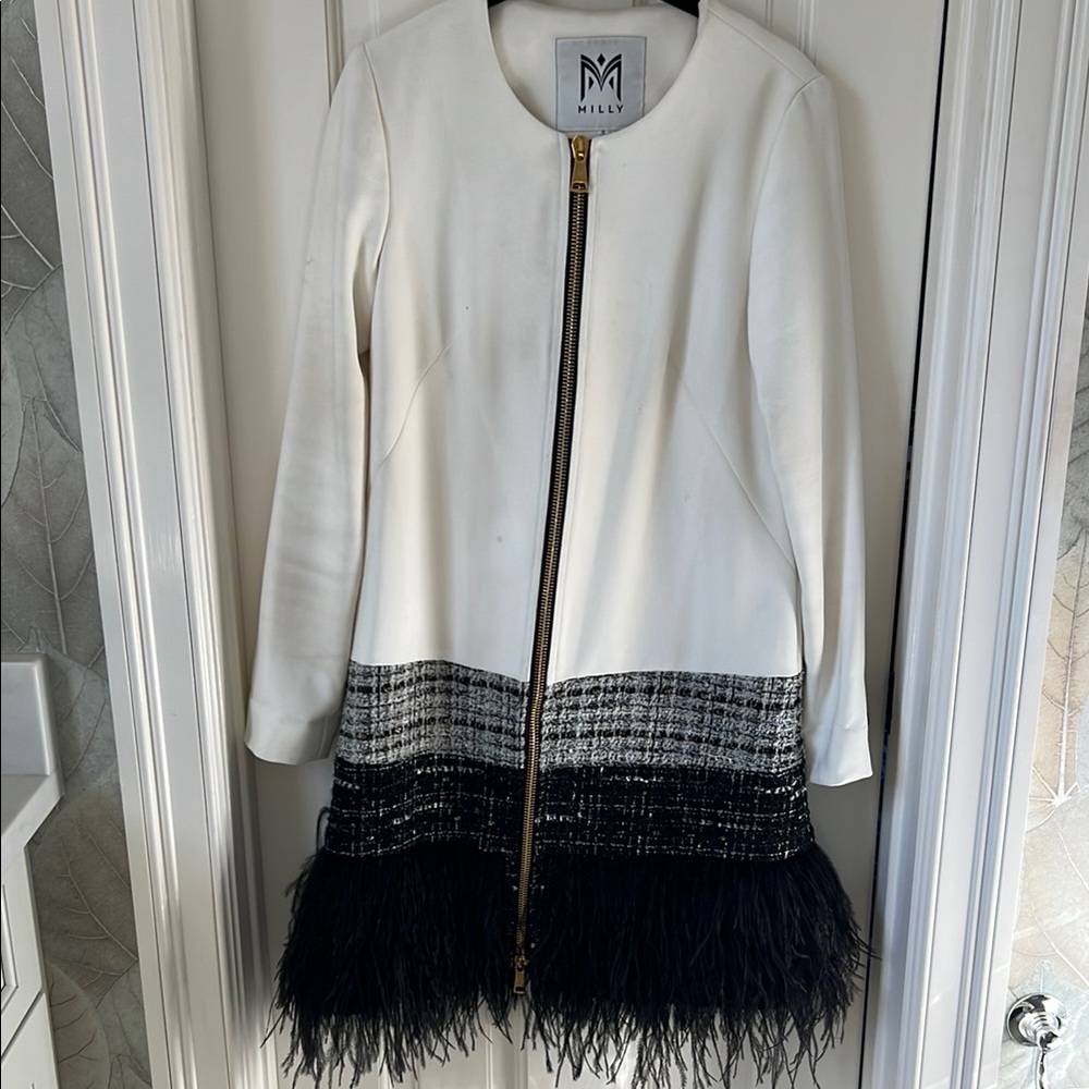 Milly White and Black Feather Trim Coat